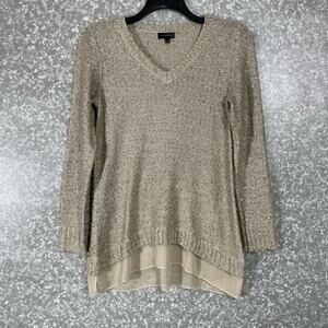 The Limited Beige Sequin Chiffon Hem Open Knit Sweater - Size Small - V-Neck